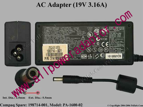 Compaq Common Item (Compaq) AC Adapter- Laptop 19V 3.16A, 5.5/2.5mm, 3-Prong