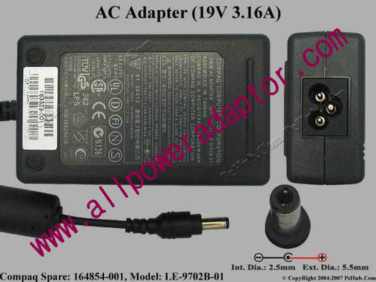 Compaq Common Item (Compaq) AC Adapter- Laptop 19V 3.16A, 5.5/2.5mm, 3-Prong