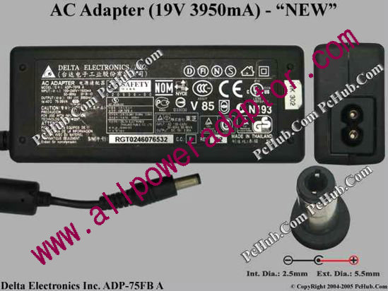 Delta Electronics ADP-75FB A AC Adapter- Laptop 19V 3.95A, 5.5/2.5mm, 2-Prong, New