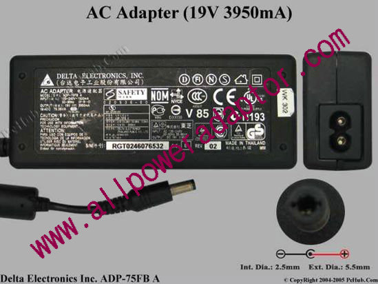 Delta Electronics ADP-75FB A AC Adapter- Laptop 19V 3.95A, 5.5/2.5mm, 2-Prong