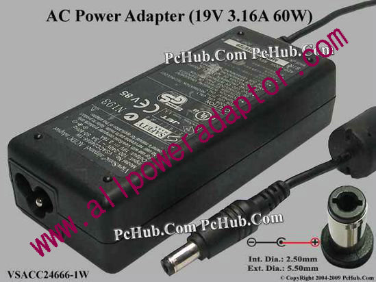 ViewSonic AC Adapter 19V 3.16A, 5.5/2.5mm, 3-Prong