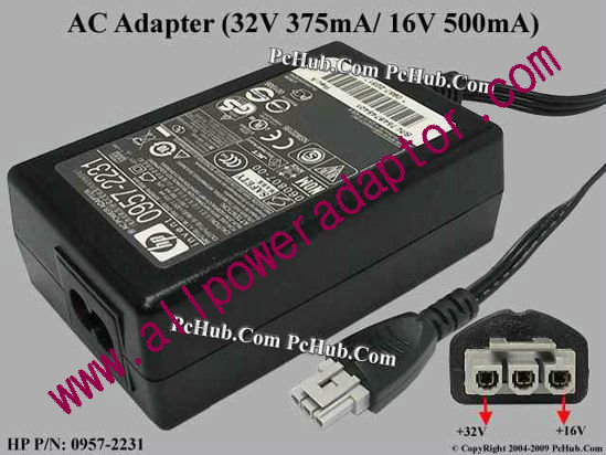 HP AC Adapter 0957-2231, 32V 375mA/ 16V 500mA, 3-pin, 2-prong
