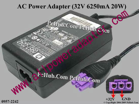 HP AC Adapter 0957-2242, 32V 625mA, 3-pin Hole, 2-prong