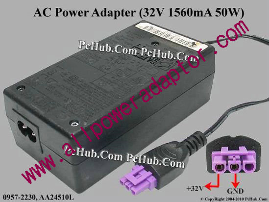 HP AC Adapter 0957-2230, 32V 1560mA, 3-Hole, 2-pin