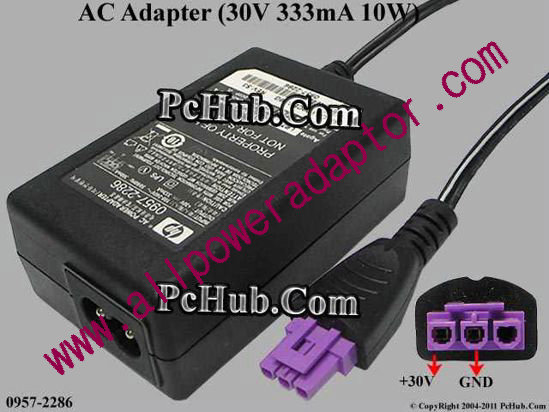 HP AC Adapter 0957-2286, 30V 333mA, 3 Hole, 2-prong