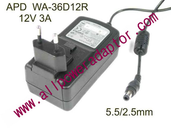 APD / Asian Power Devices WA-36D12R AC Adapter 5V-12V 12V 3A, 5.5/2.5mm, EU 2P Plug, New