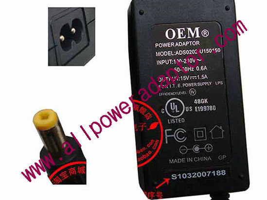 OEM Power AC Adapter - Compatible For ADS0202-U150150, 15V 1.5A, 4.8/1.7mm, 2-Prong,