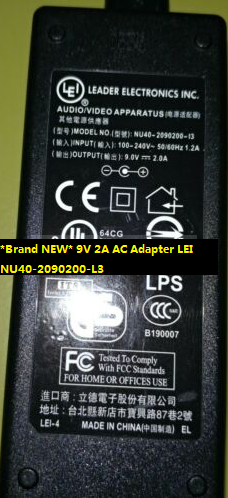 *Brand NEW* 9V 2A AC Adapter LEI NU40-2090200-L3