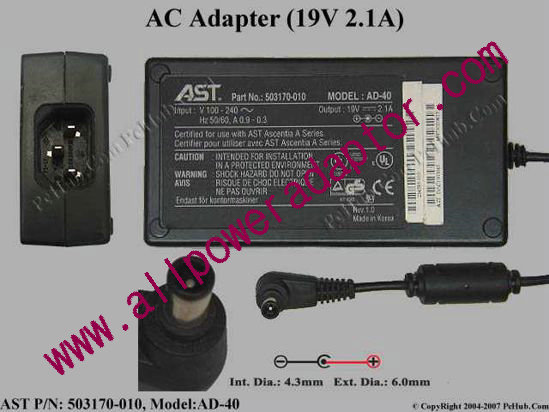 AST Common Item (AST) AC Adapter- Laptop 19V 2.1A, 6.0/4.3 With Pin, C14 - Click Image to Close