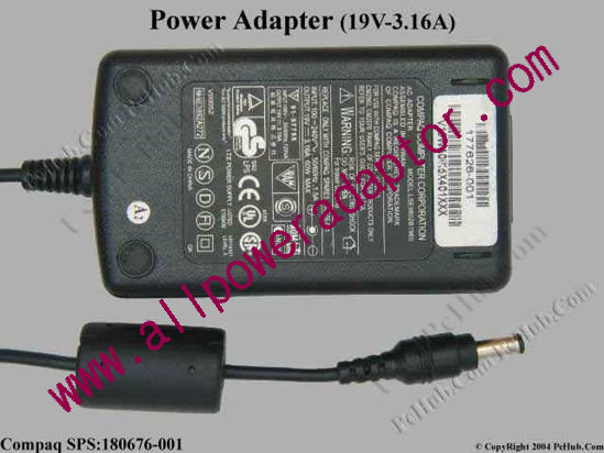 Compaq Common Item (Compaq) AC Adapter- Laptop 19V 3.16A, 5.5/2.5mm, 2-Prong - Click Image to Close