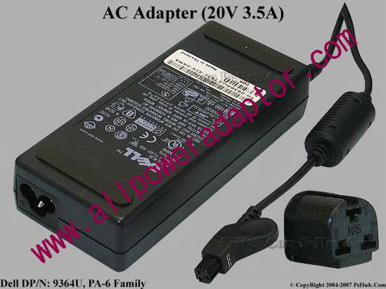 Dell Common Item (Dell) AC Adapter- Laptop 20V 3.5A, 3-Pin Hole, 3-Prong - Click Image to Close