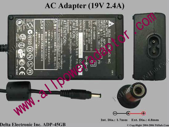 Delta Electronics ADP-45GB AC Adapter- Laptop 19V 2.4A, 4.8/1.7mm, 2-Prong - Click Image to Close