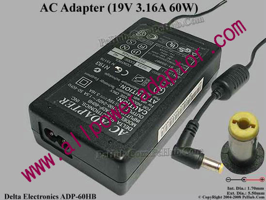 (image for) Delta Electronics ADP-60HB AC Adapter- Laptop 19V 3.16A, 5.5/1.7mm 2-Prong