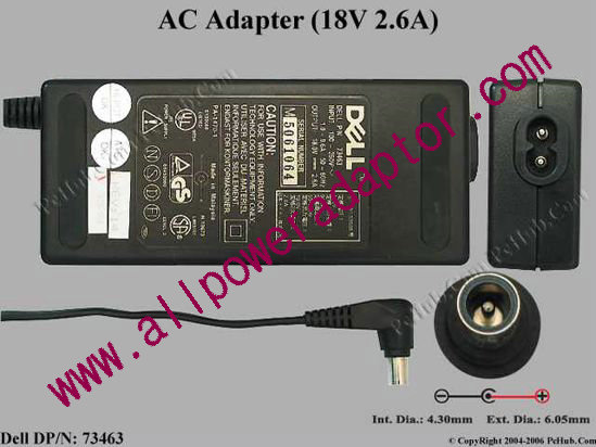 Dell Common Item (Dell) AC Adapter- Laptop 73463, 18V 2.6A - Click Image to Close