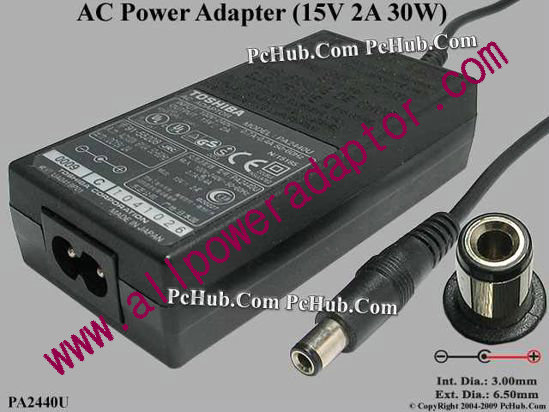 Toshiba AC Adapter PA2440U, 15V 2A, Tip D, 2-prong