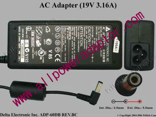 (image for) Delta Electronics ADP-60DB REV.BC AC Adapter- Laptop 19V 3.16A, 5.5/2.5mm, 3-Prong