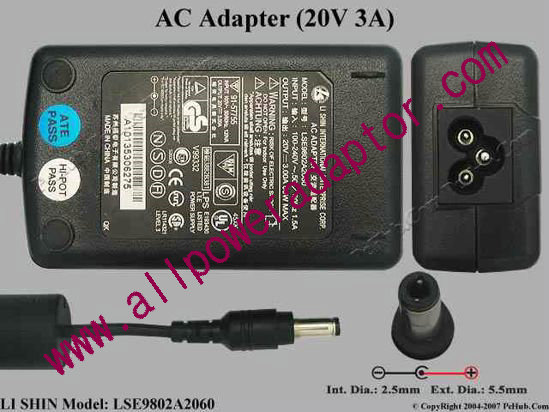 Li Shin LSE9802A2060 AC Adapter 20V 3A, 5.5/2.5mm, 3-Prong