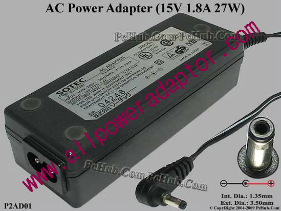 Sotec AC Adapter P2AD01, 15V 1.8A, Tip (1.35/3.50mm) - Click Image to Close