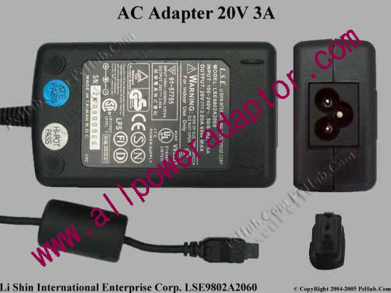 Li Shin LSE9802A2060 AC Adapter 20V 3A, 3-Flat Pin, 3-Prong - Click Image to Close