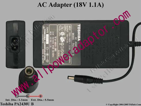 Toshiba AC Adapter PA2430U B, 18V 1.1A, Tip B - Click Image to Close