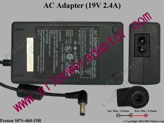 Proton SPN-460-19B AC Adapter 19V 2.4A, 5.5/2.5mm, 2-Prong