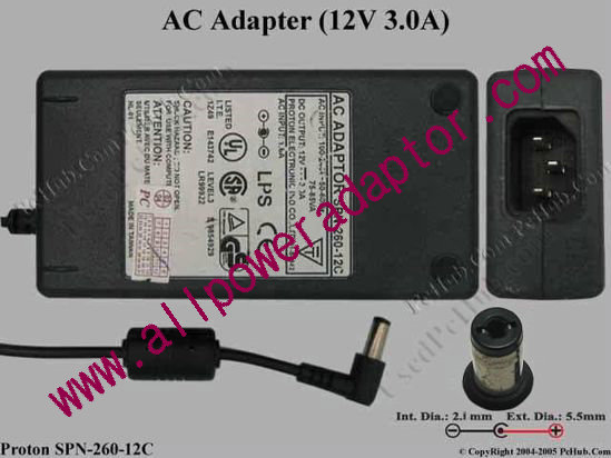 Proton SPN-260-12C AC Adapter 12V 3A, 5.5/2.1mm, C14