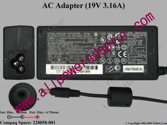 Compaq Common Item (Compaq) AC Adapter- Laptop 19V 3.16A, 4.8/1.7mm?, 3-Prong - Click Image to Close