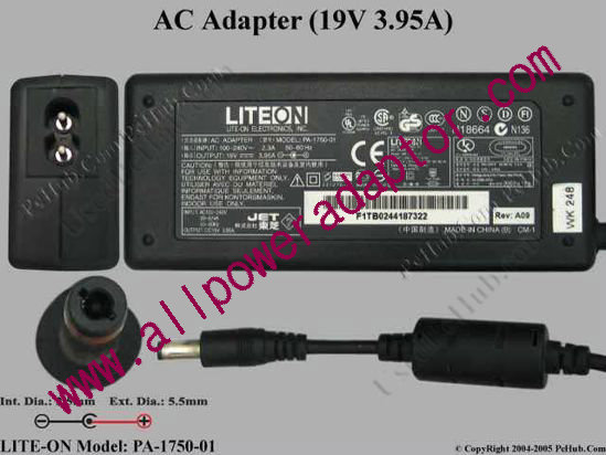 LITE-ON PA-1750-01 AC Adapter 19V 3.95A, 5.5/2.5mm, 2-Prong - Click Image to Close