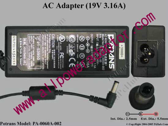 Potrans PA-0060A-002 AC Adapter 19V 3.16A, 5.5/2.5mm, 3-Prong - Click Image to Close