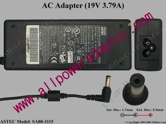 ASTEC SA80-3115 AC Adapter- Laptop 19V 3.79A, Tip Acer