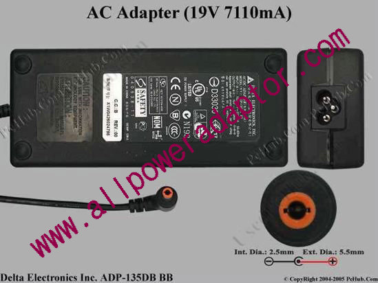 Delta Electronics ADP-135DB BB AC Adapter- Laptop 19V 7.11A, 5.5/2.5mm, 3-Prong