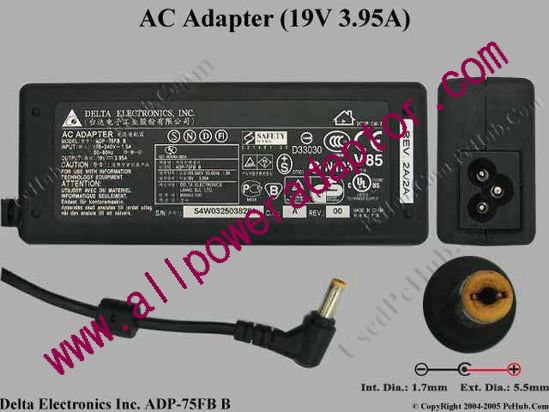 Delta Electronics ADP-75FB B AC Adapter- Laptop 19V 3.95A, 5.5/1.7mm, 3-Prong - Click Image to Close