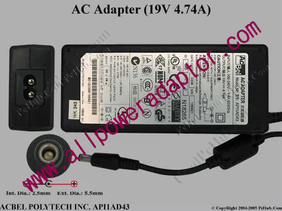 Acbel Polytech API1AD43 AC Adapter- Laptop 19V 4.74A, 5.5/2.5mm, 2-Prong - Click Image to Close