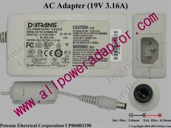 Potrans UP060B1190 AC Adapter 19V 3.16A, 6.5/3.0mm, C14, White