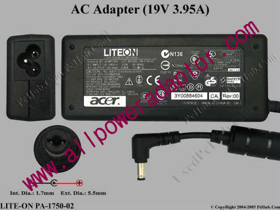 LITE-ON PA-1750-02 AC Adapter 19V 3.95A, 5.5/1.7mm, 3-Prong - Click Image to Close