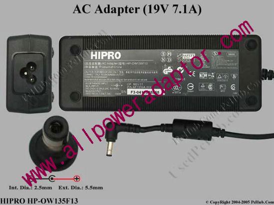 HIPRO HP-OW135F13 AC Adapter- Laptop 19V 7.1A, 5.5/2.5mm, 3-Prong - Click Image to Close