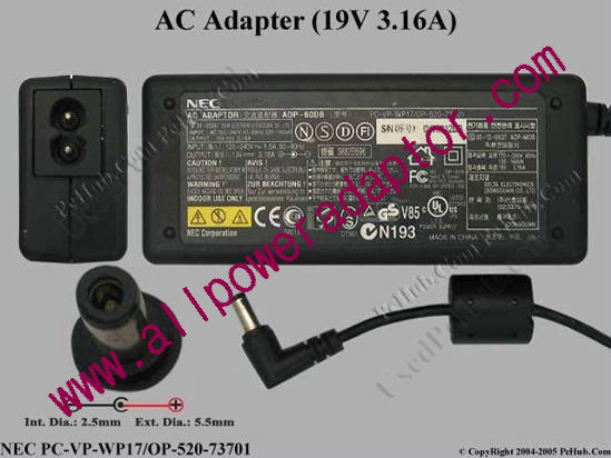 NEC AC Adapter 19V 3.16A, 5.5/2.5mm, 2-Prong