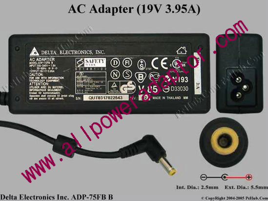 Delta Electronics ADP-75FB B AC Adapter- Laptop 19V 3.95A, 5.5/2.5mm, 3-Prong