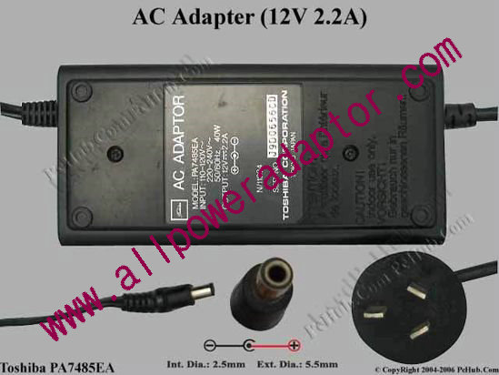 Toshiba AC Adapter 12V 2.2A 3.0/6.5mm, AU 3 Pin Plug - Click Image to Close