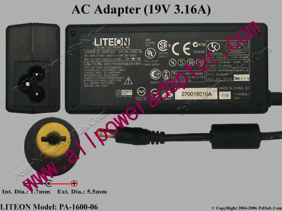 LITE-ON PA-1600-06 AC Adapter 19V 3.16A, 5.5/1.7mm 3-Prong - Click Image to Close