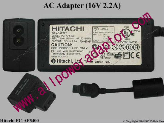 Hitachi AC Adapter- Laptop PC-AP5400, 16V 2.2A, Tip O - Click Image to Close