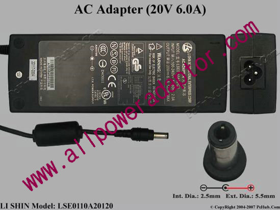 Li Shin LSE0110A20120 AC Adapter 20V 6A, 5.5/2.5mm, 3-Prong - Click Image to Close