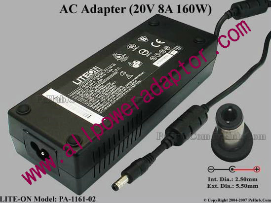 LITE-ON PA-1161-02 AC Adapter 20V 8A 5.5/2.5mm 12mm, 3-Prong - Click Image to Close