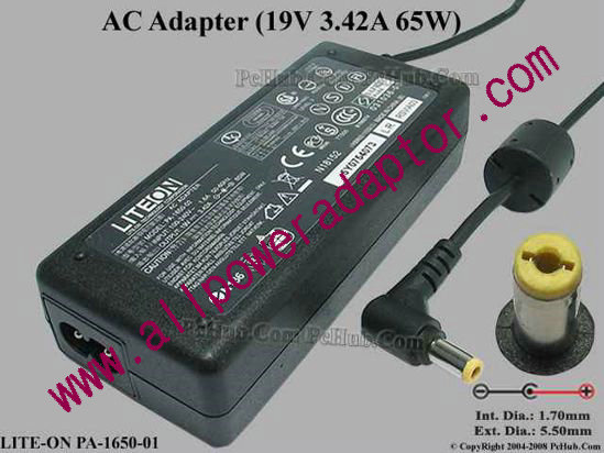 LITE-ON PA-1650-01 AC Adapter 19V 3.42A, 5.5/1.7mm, 2-Prong, NEW