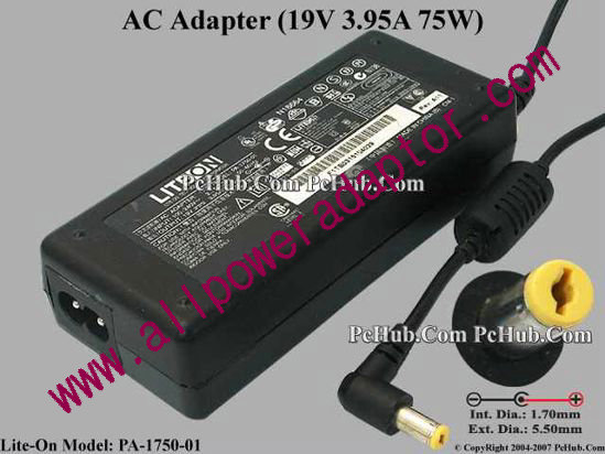 LITE-ON PA-1750-01 AC Adapter 19V 3.95A, 5.5/1.7mm, 2-Prong