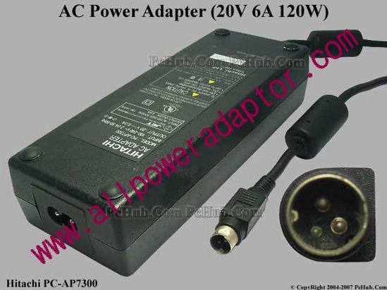 Hitachi AC Adapter- Laptop 20V 6A, 3-Pin DIN, 2-Prong - Click Image to Close