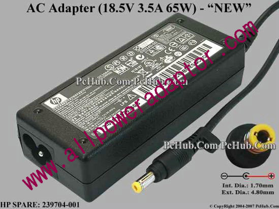 Compaq Common Item (Compaq) AC Adapter- Laptop 239704-001, 18.5V 3.5A, Tip A, NEW