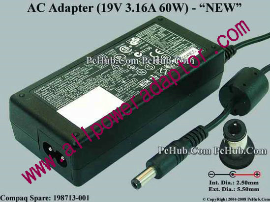 Compaq Common Item (Compaq) AC Adapter- Laptop 19V 3.16A, 5.5/2.5mm 12mm L, 2-Prong, New - Click Image to Close