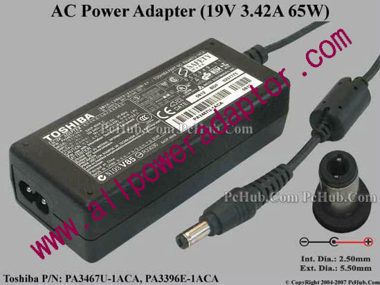 Toshiba AC Adapter 19V 3.42A, 5.5/2.5mm 12mm, 2-Prong - Click Image to Close