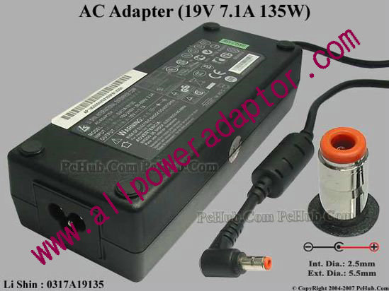 Li Shin 0317A19135 AC Adapter 19V 7.1A, 5.5/2.5mm,3-Prong